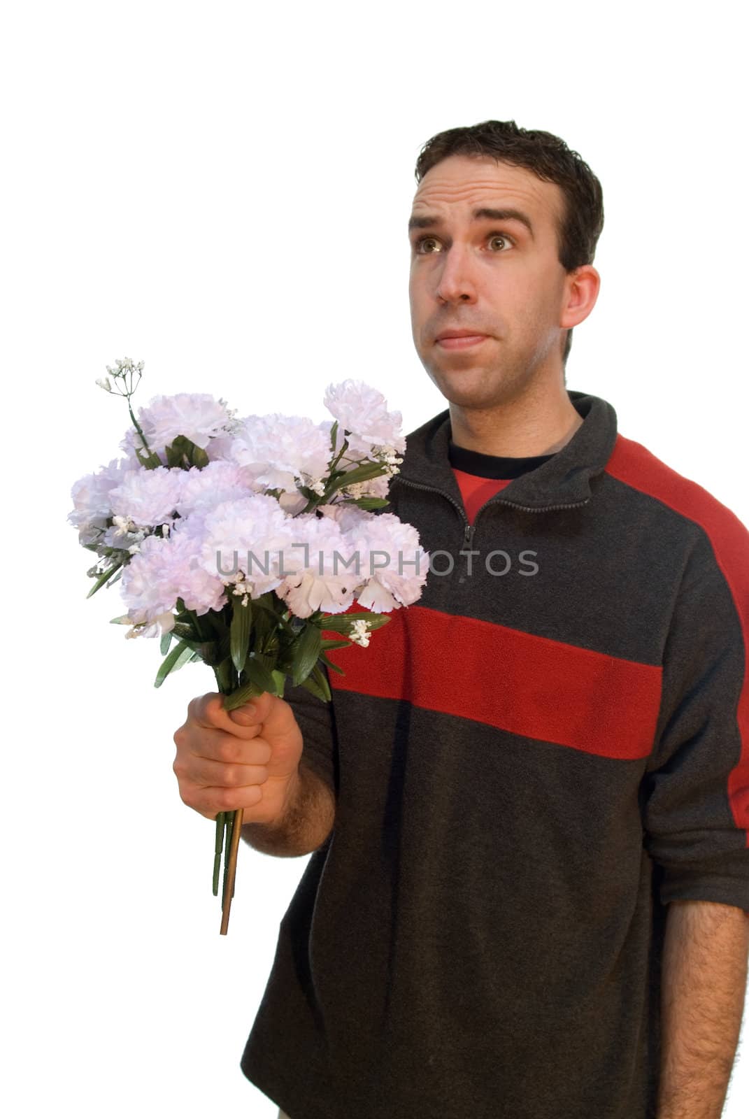Young man holding a bouquet of flowers, isolated against a white background