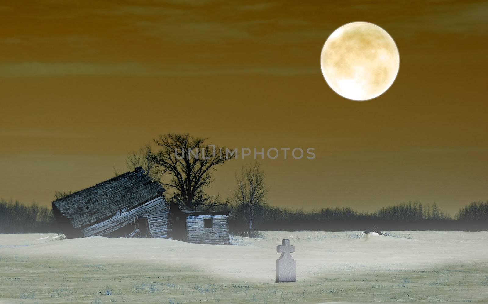 A haunted house in october with a grave and a full moon