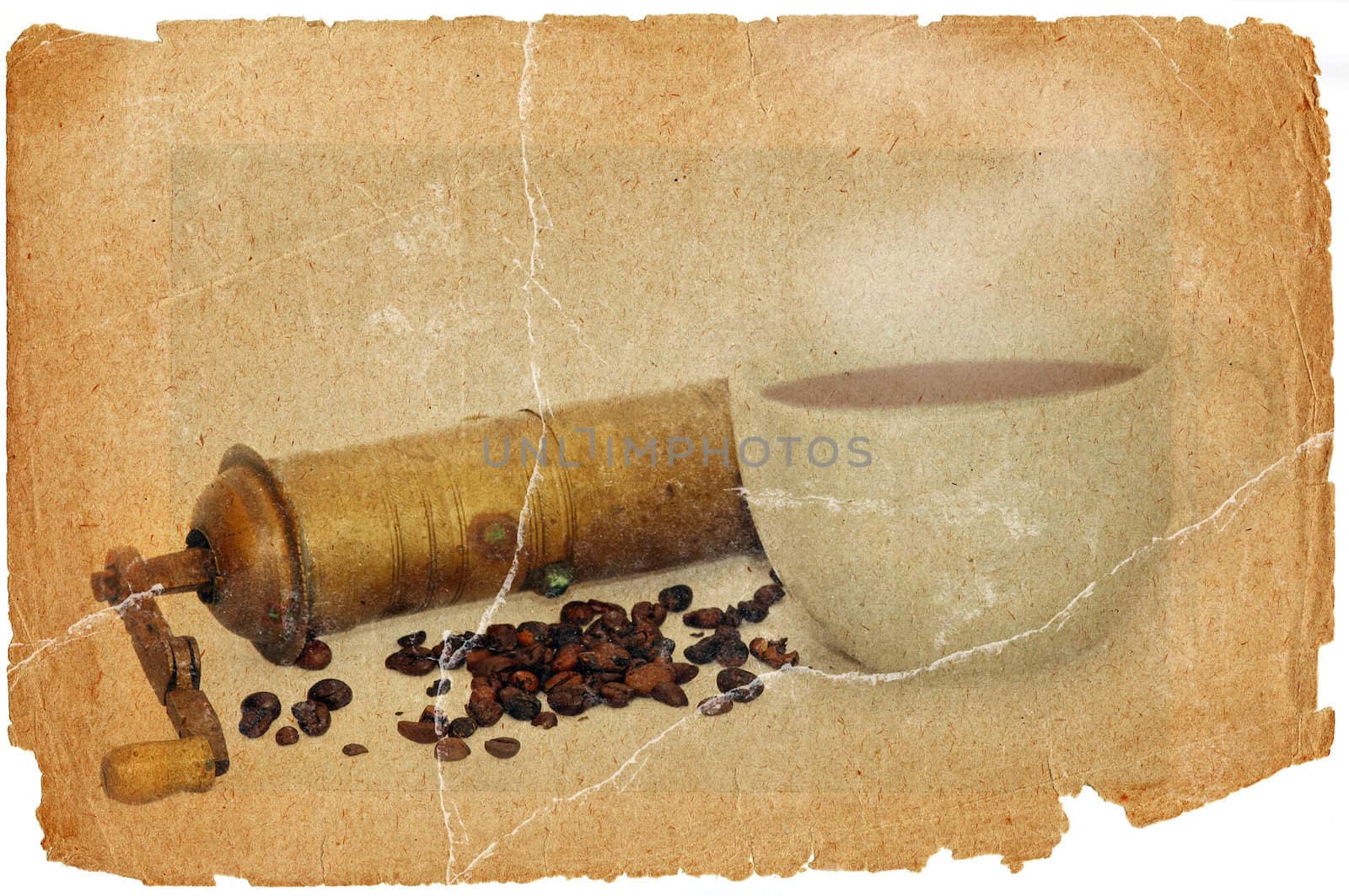 Antique coffee grinder with coffee beans  in grunge style