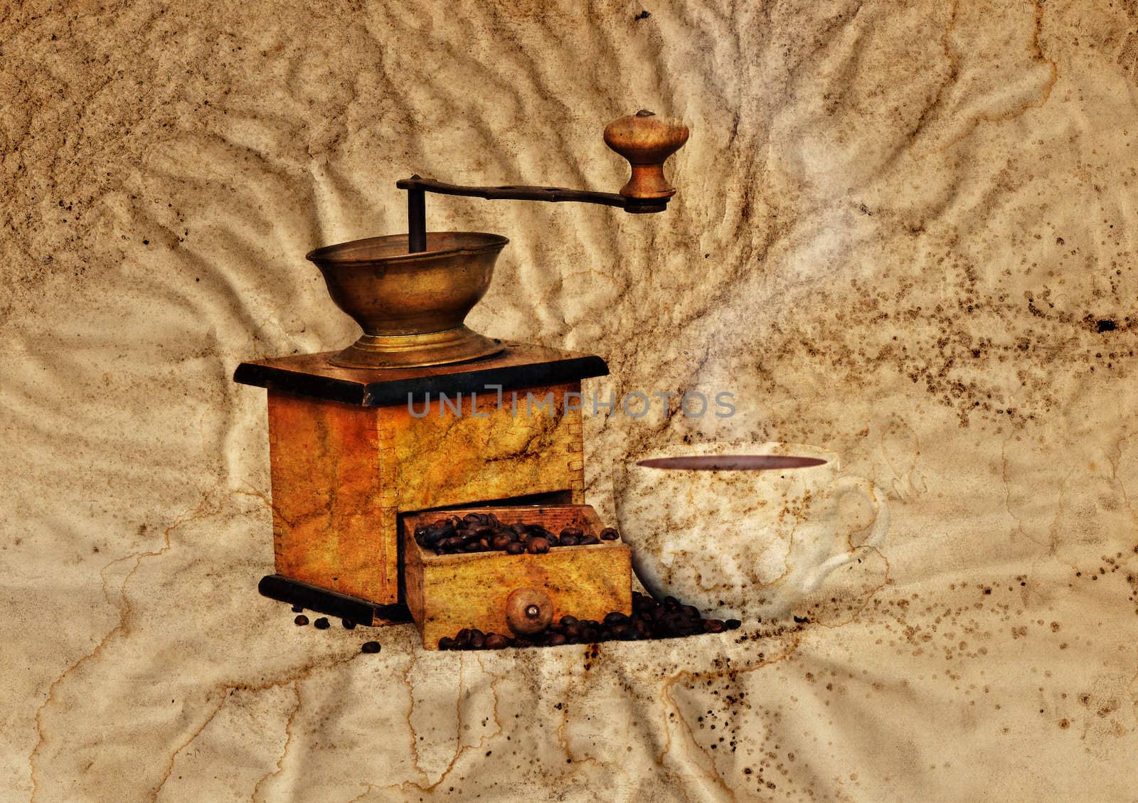 Antique coffee grinder with coffee beans in grunge style