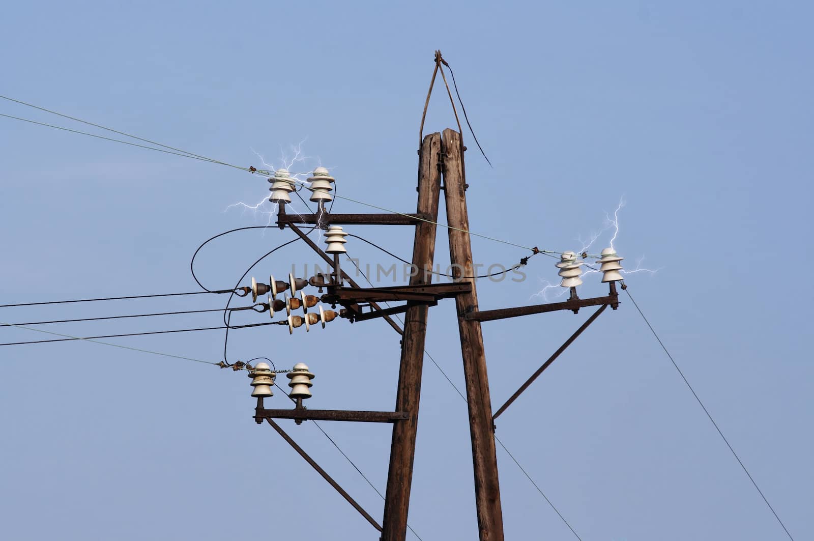 Detail of the old power-transmission pole - electric power line - short circuit