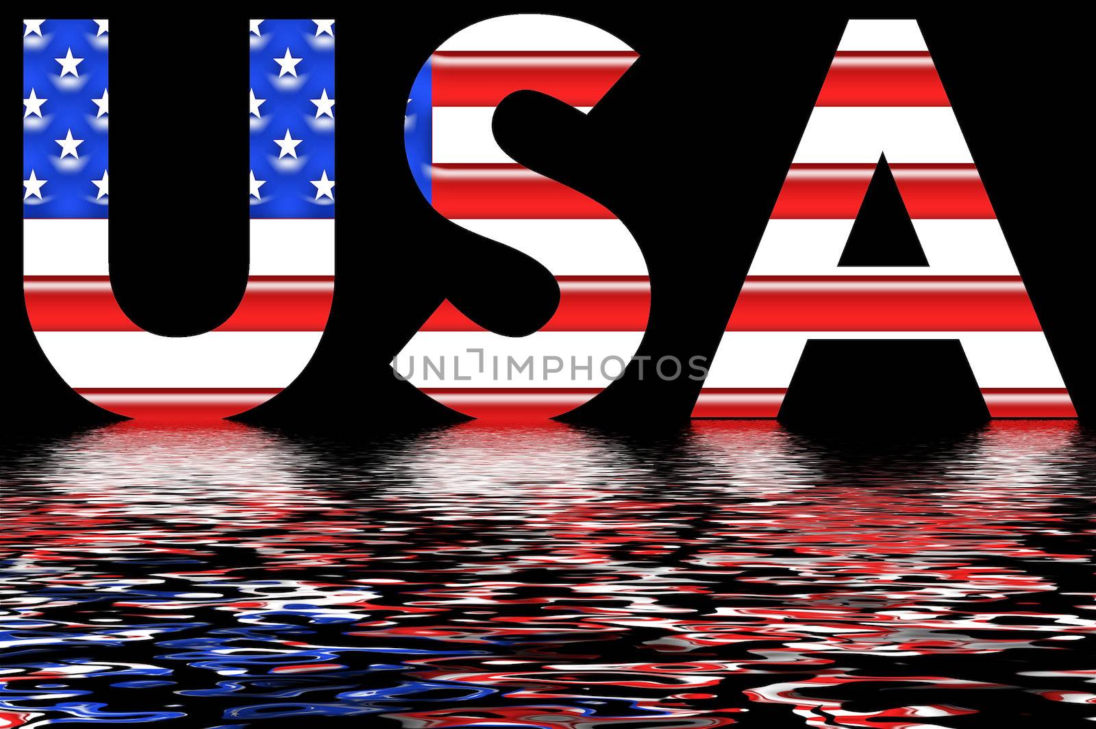USA word with flag background and reflection