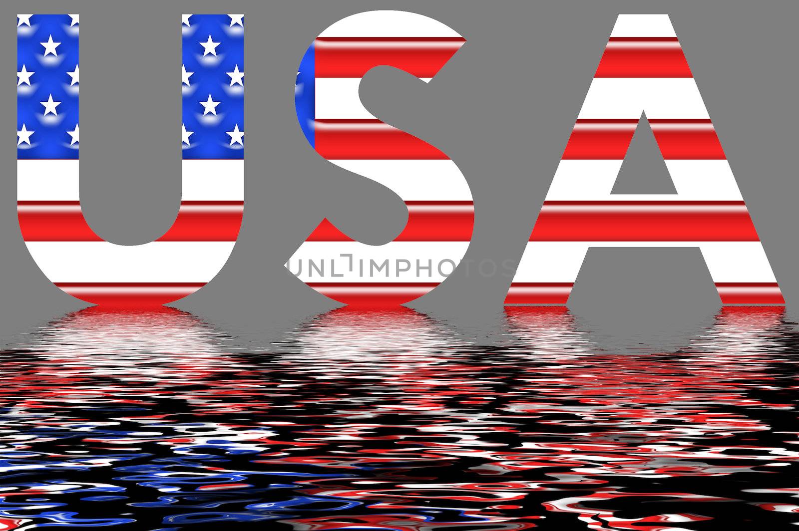 usa word with flag background and reflection