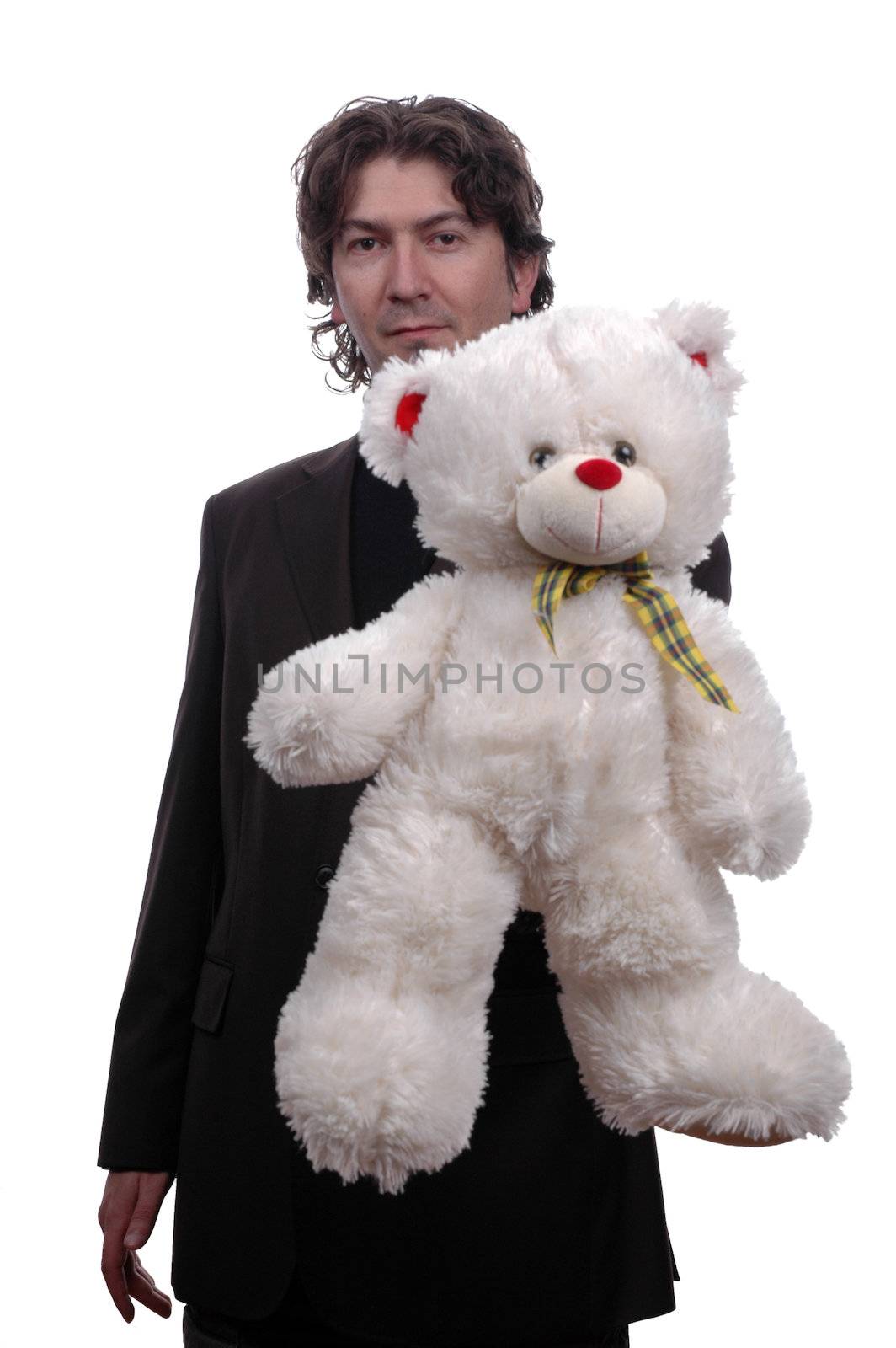 Handsome young man with teddy bear and red heart by raalves