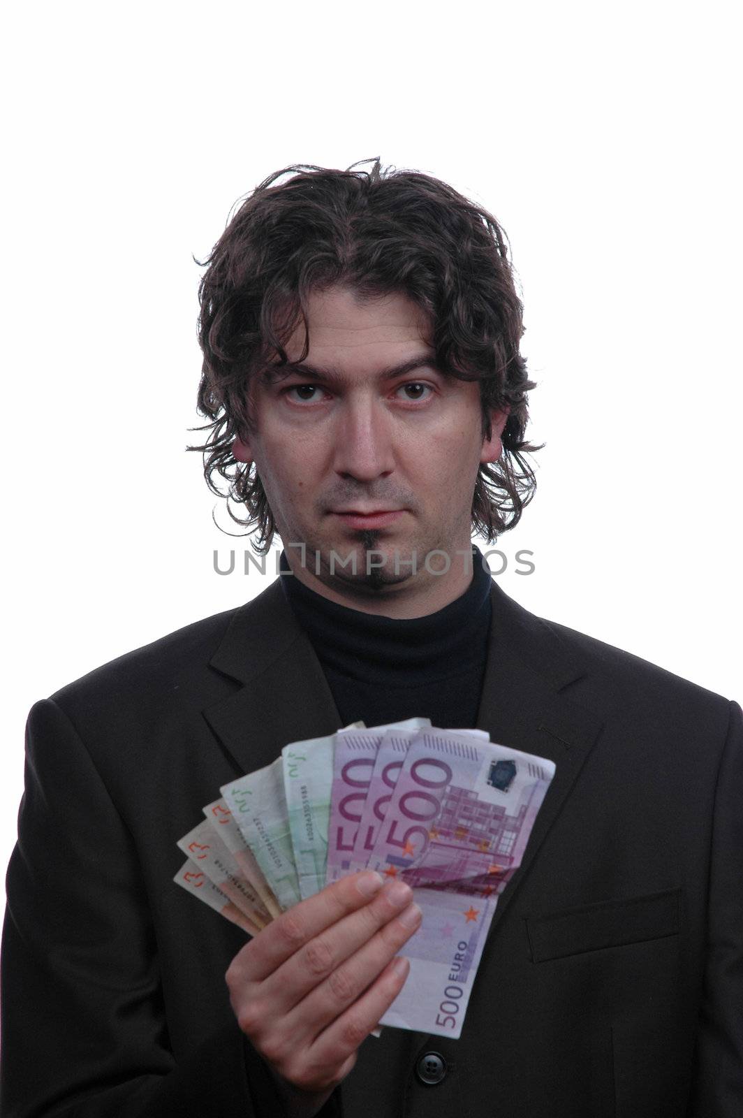 Business man holding money isolated on white