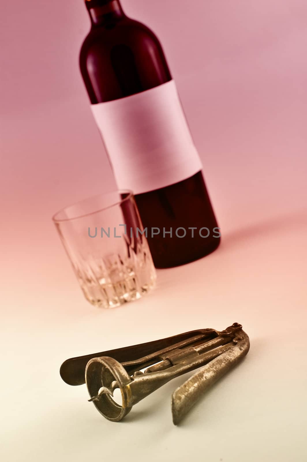 Wine bottle and metal corkscrew with bicolor graduated filter