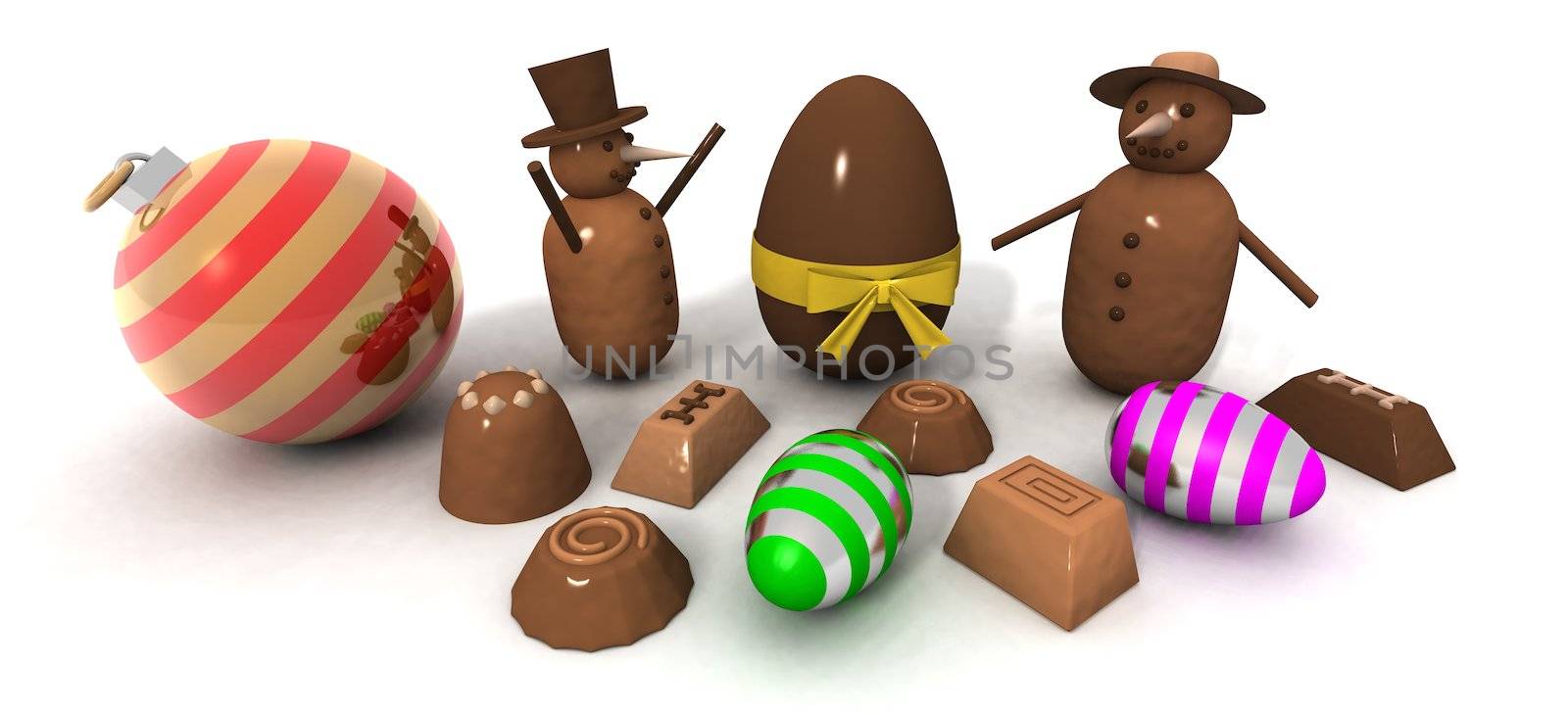 chocolate snowmen, eggs and pralines for Christmas and New Year