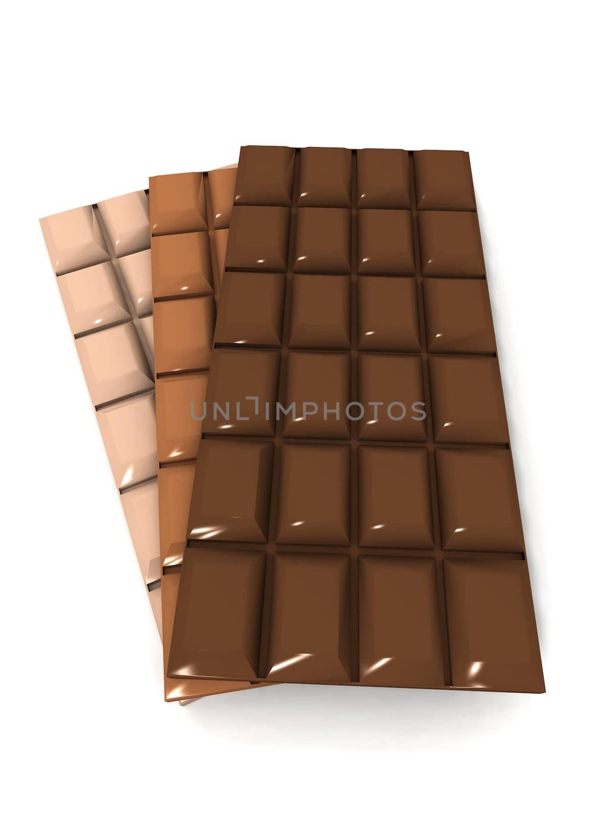 a 3d rendering of three chocolate boards over a white background