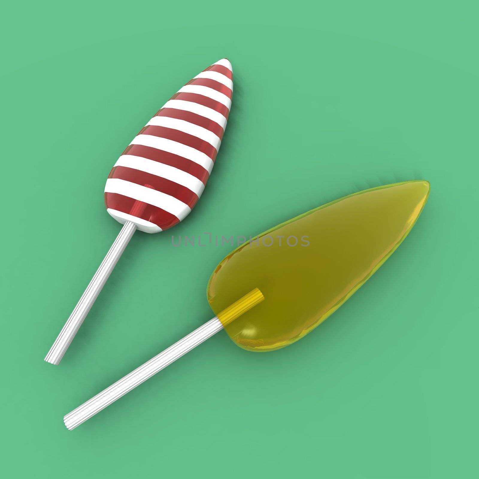 a 3d rendering of a red and white striped and a yellow lollipops