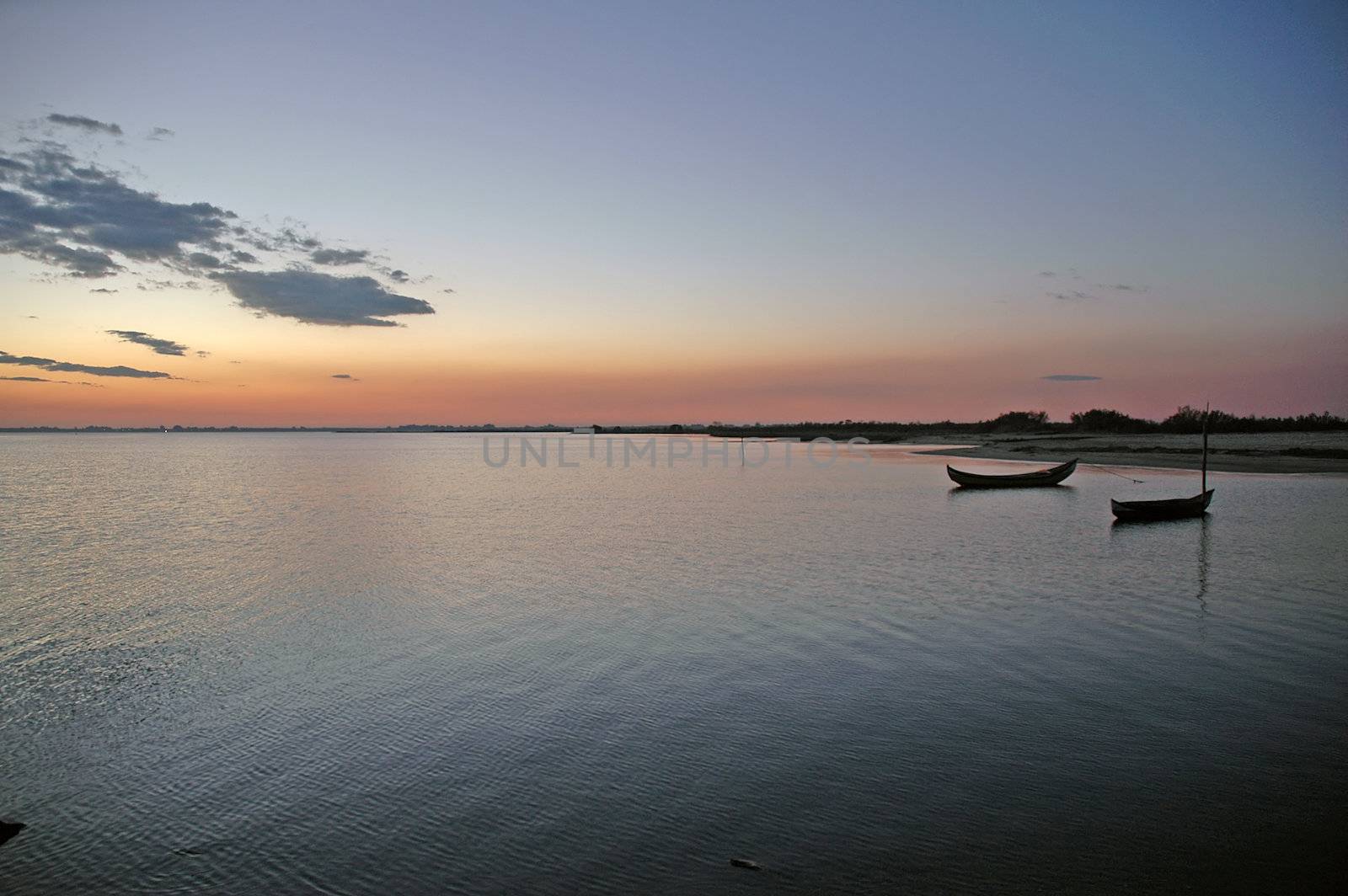 boats at sunset in aveiro river, portugal by raalves