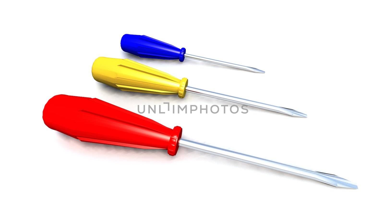 a 3d render of some colored screwdrivers