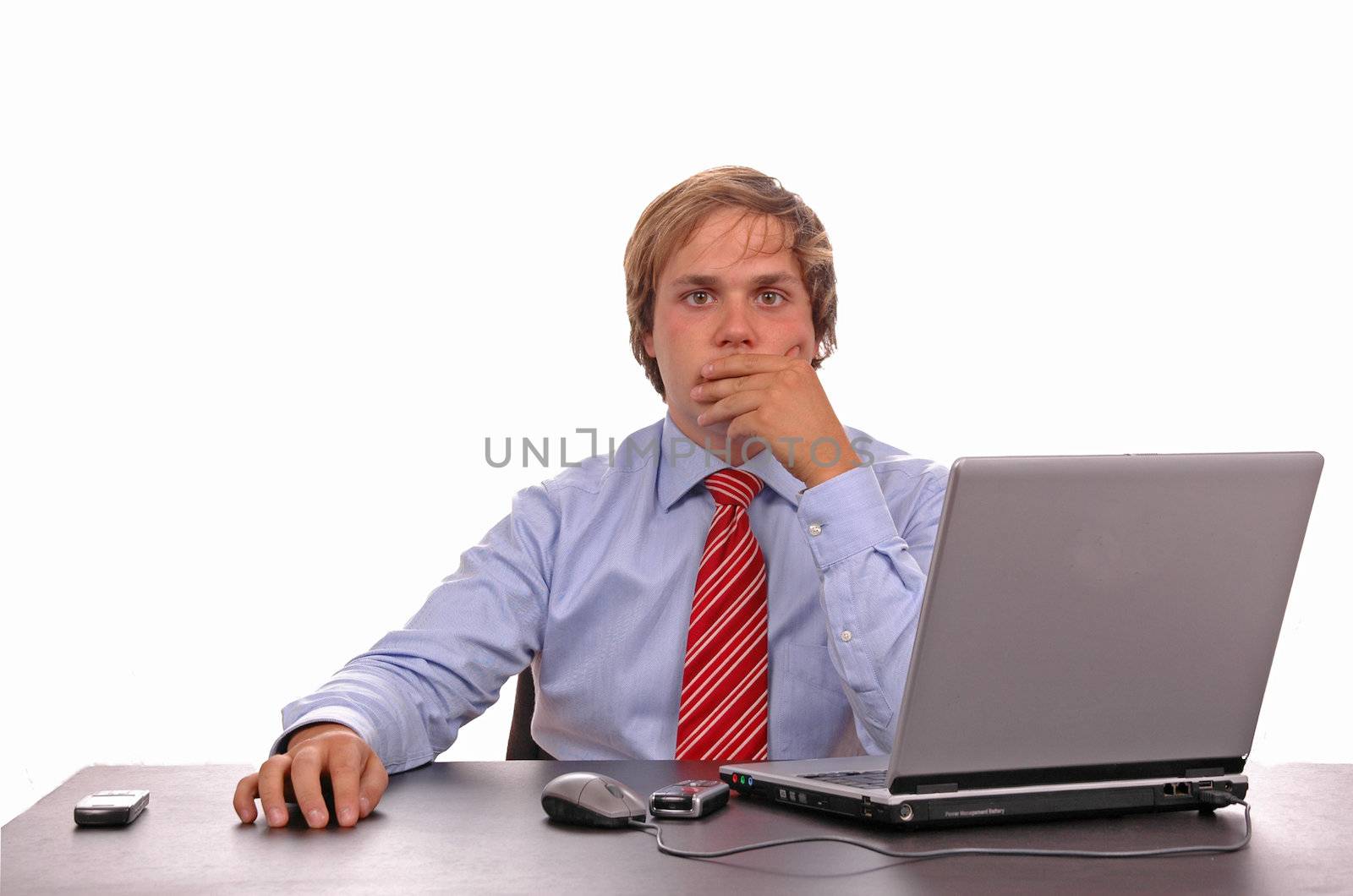young Businessman using laptop over white