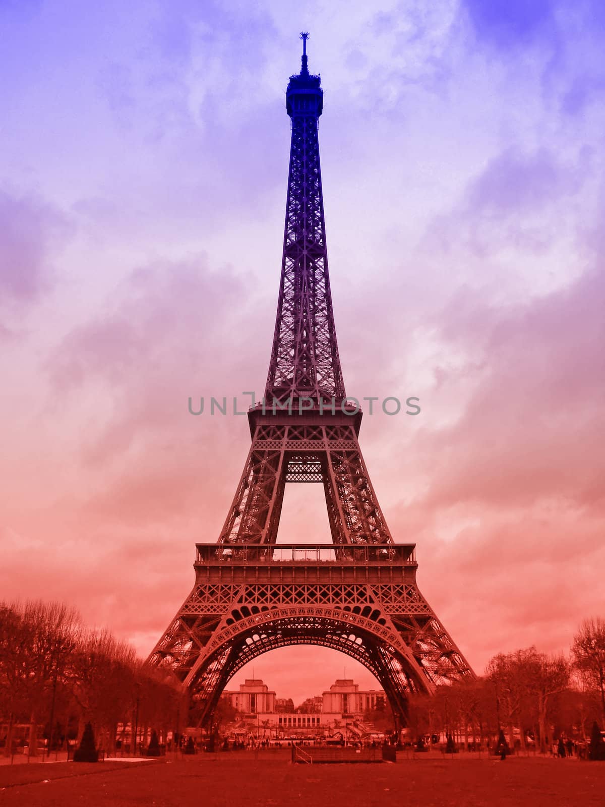 red, white and blue version of the Eiffel Tower