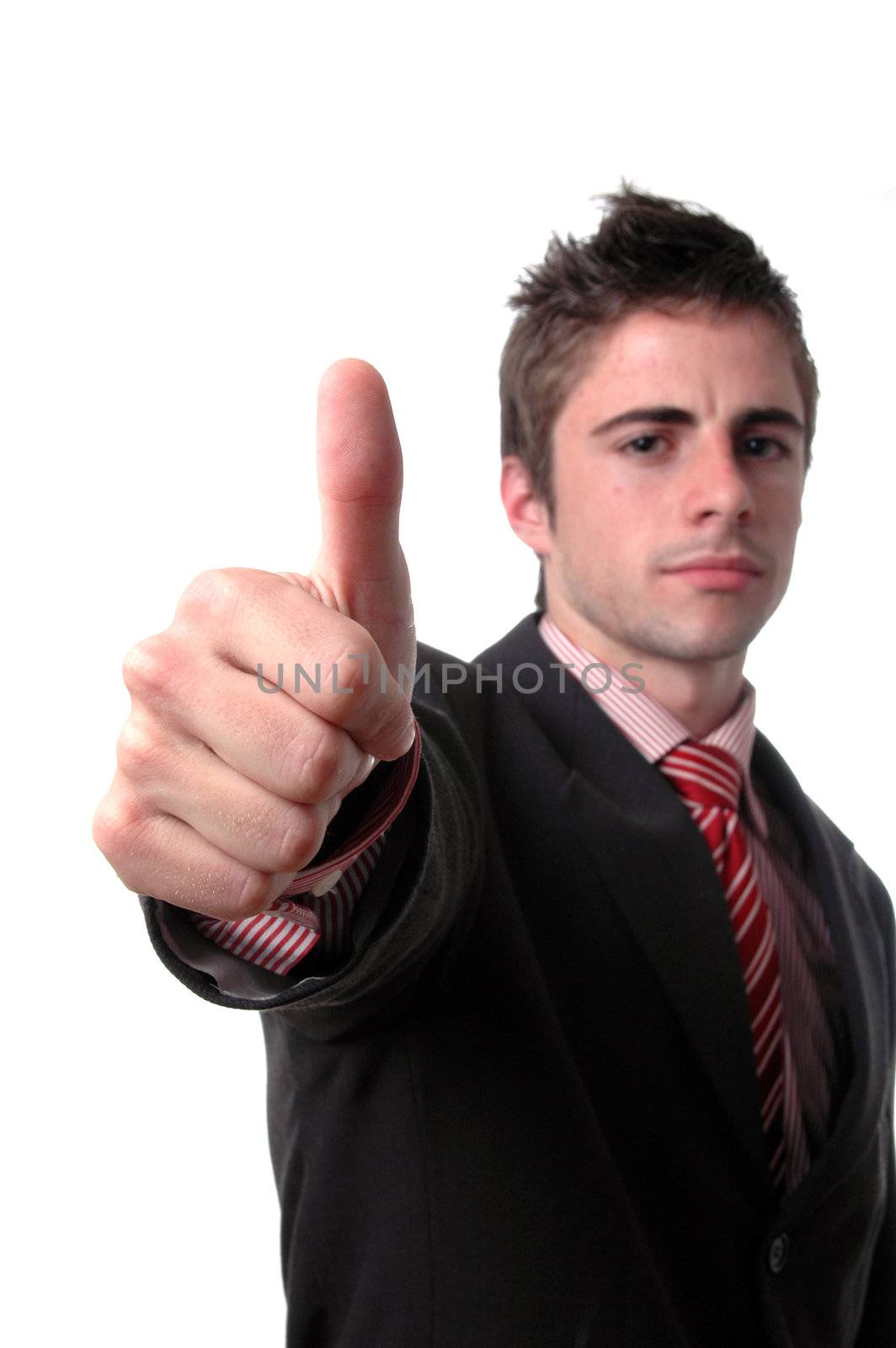 young businessman showing thumb up isolated over white backgroun by raalves
