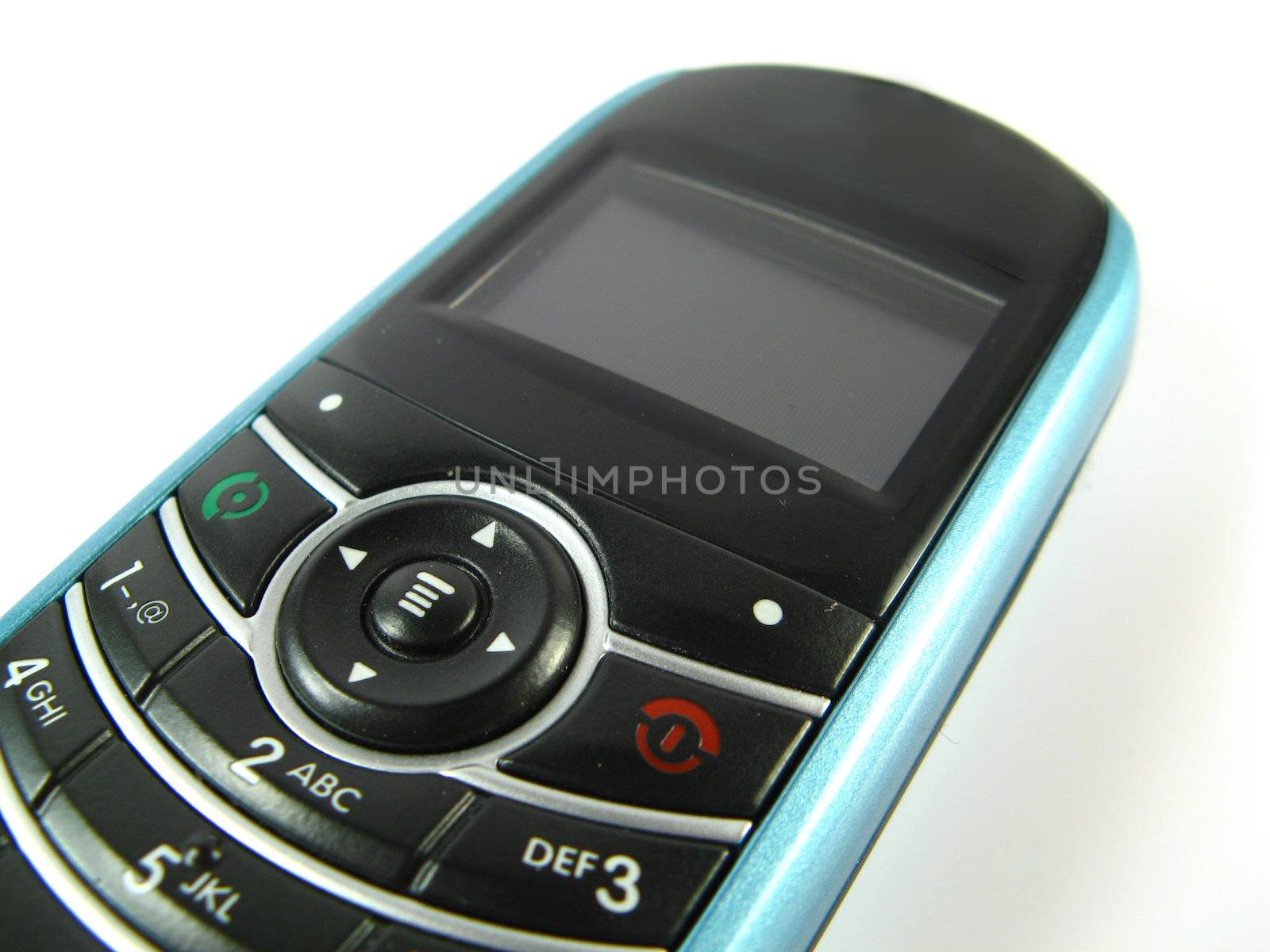 close-up of a blue phone on a white background