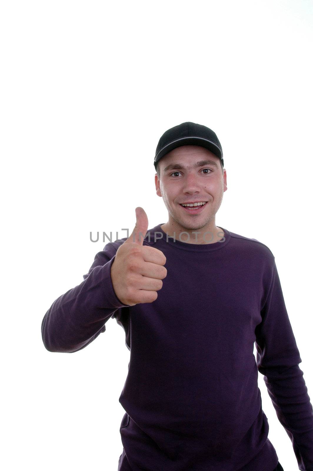 young man showing thumb up on white background