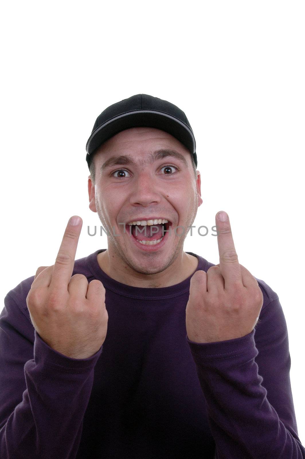 young man giving the finger against white background