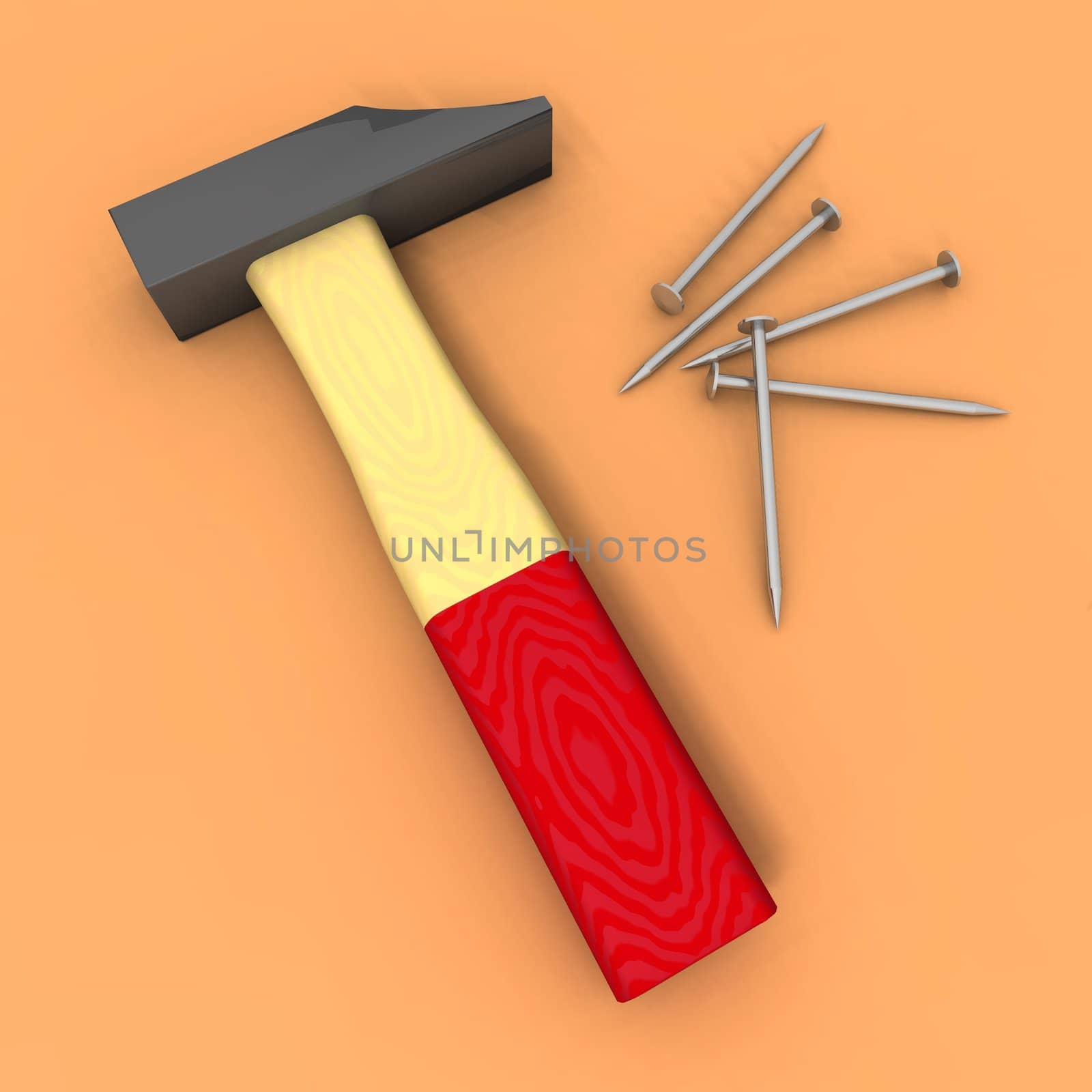 a 3d render of an hammer and some nails