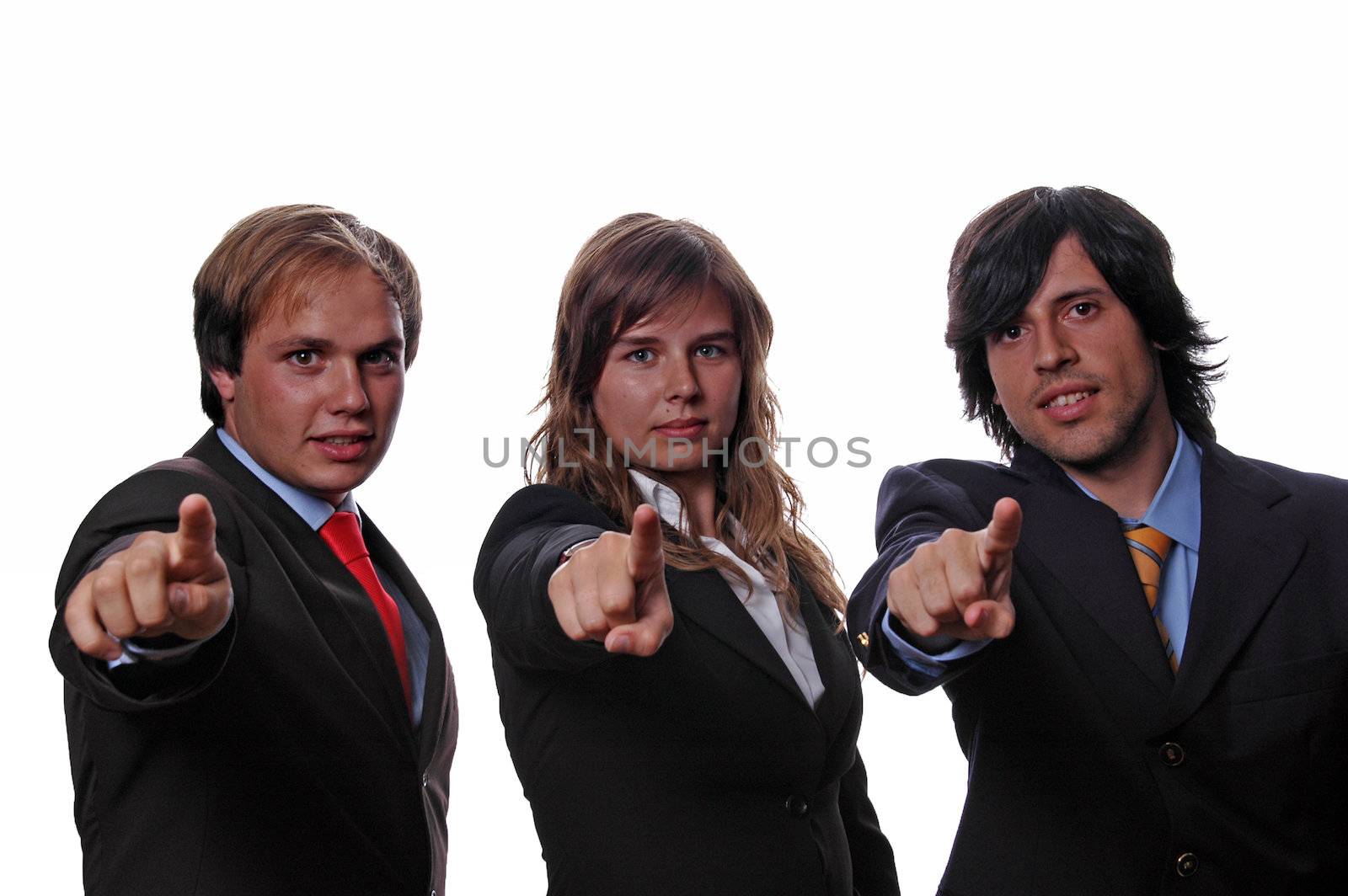 young businessteam pointingto front ove white background