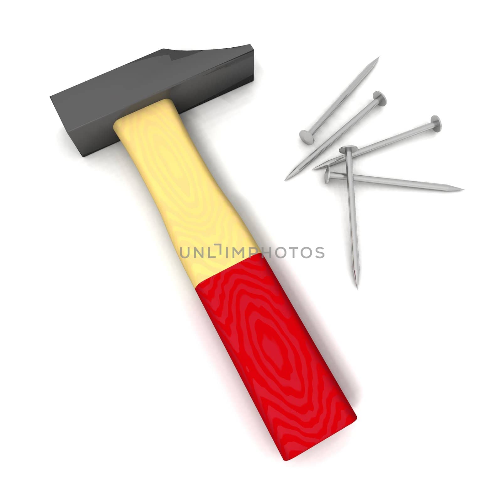 a 3d render of a hammer and some nails on a white background