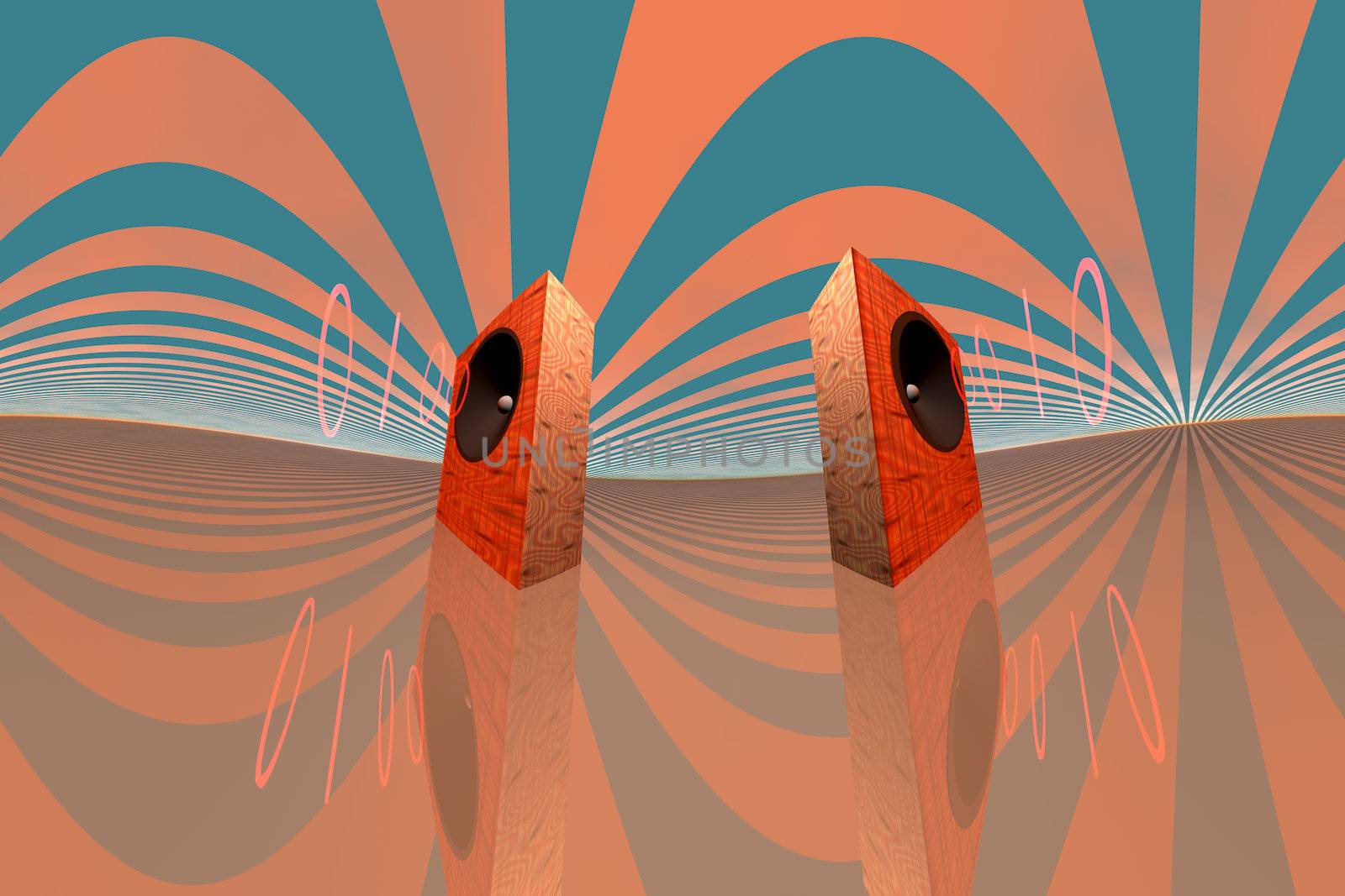 Stereo speakers with sound waves in a wave background