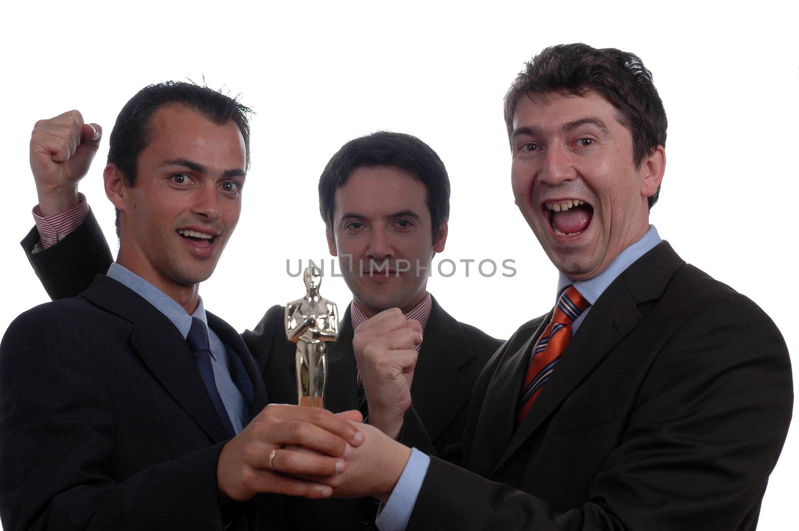 three businessman holding oscar award