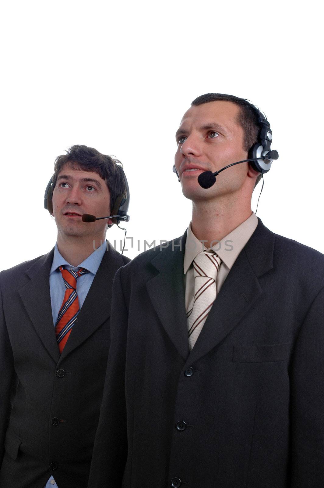 two young call center men talking by the phone