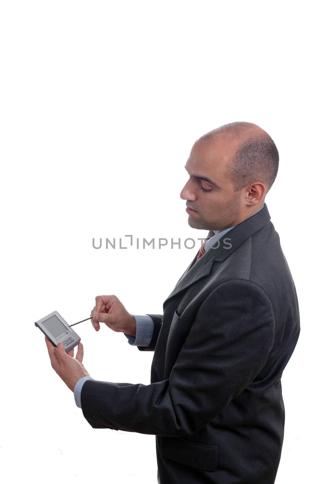 young businessman holding pda over white background