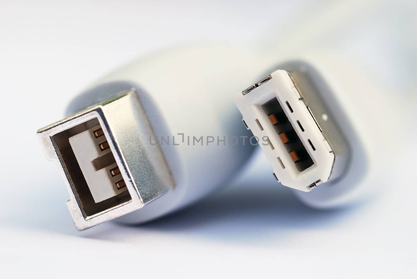 Macro image of firewire cable showing differen types of connector