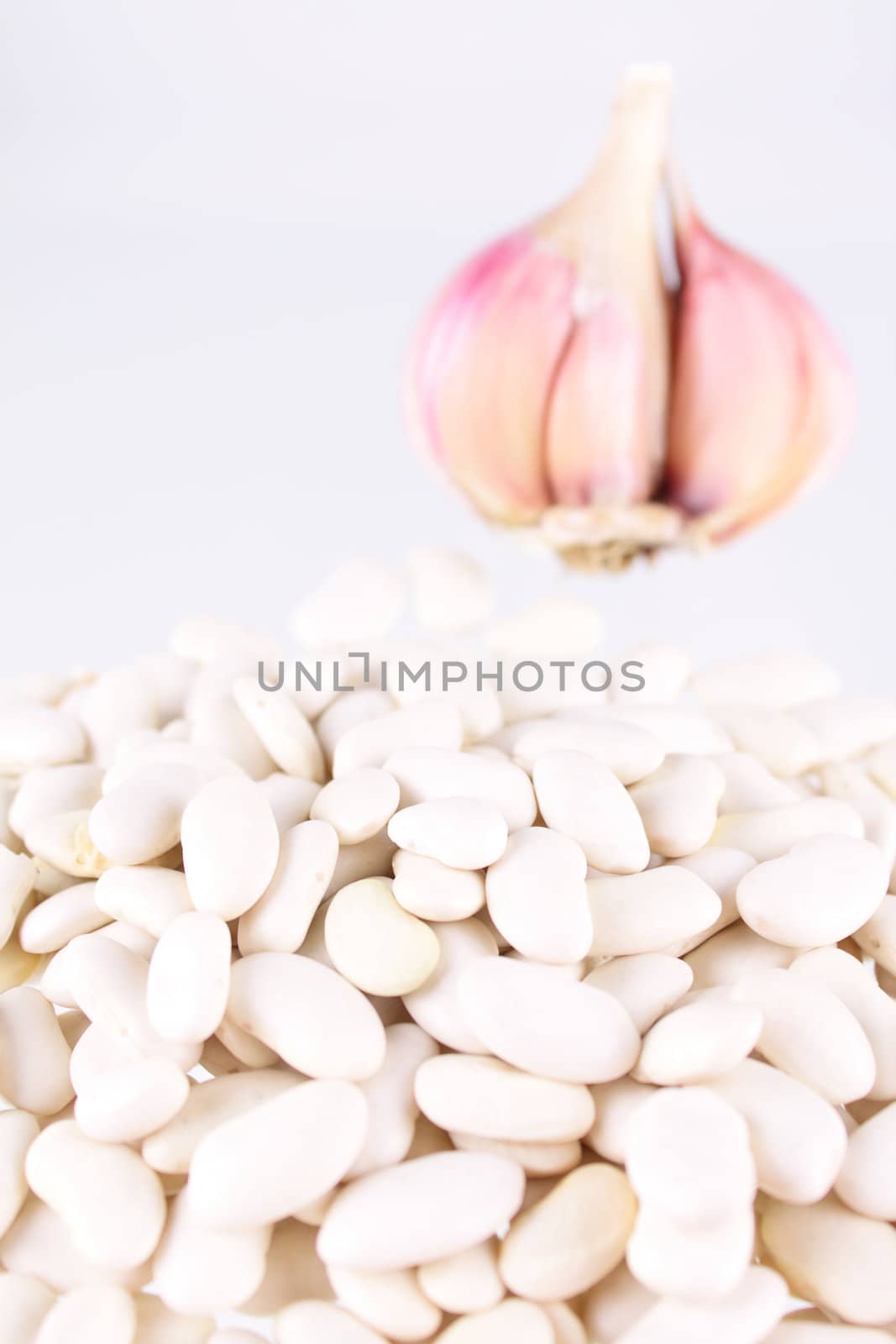 Beans of a string bean against a garlick bulb removed on a white background without isolation