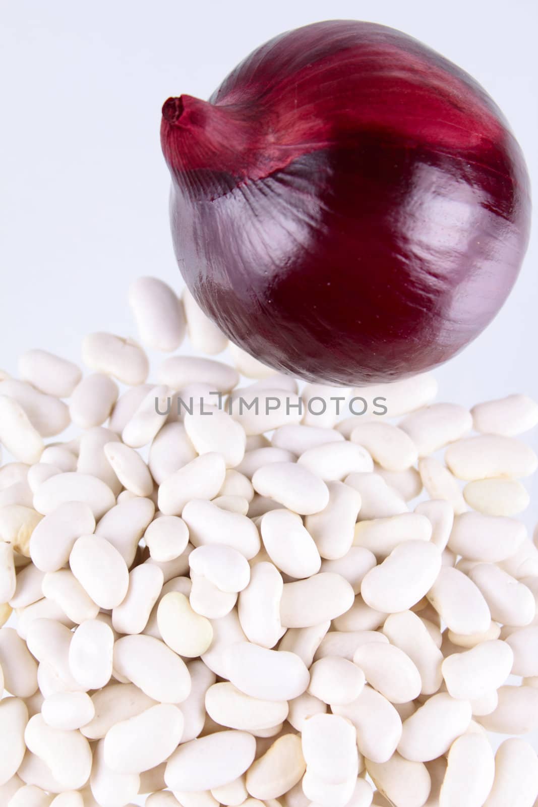 White string bean and red salad onions removed on a white background without isolation