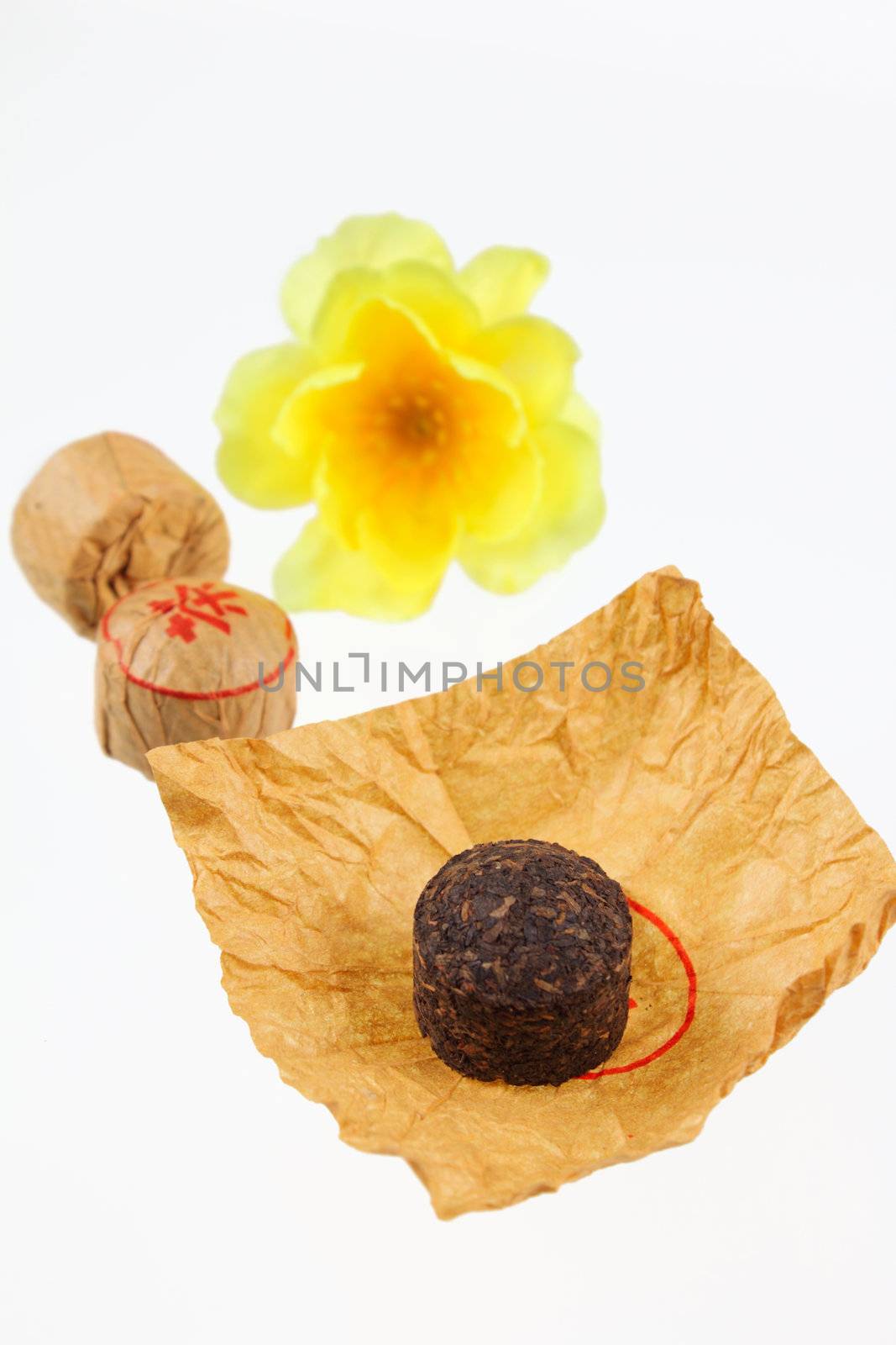 The pressed tea removed against a yellow flower on a white background without isolation