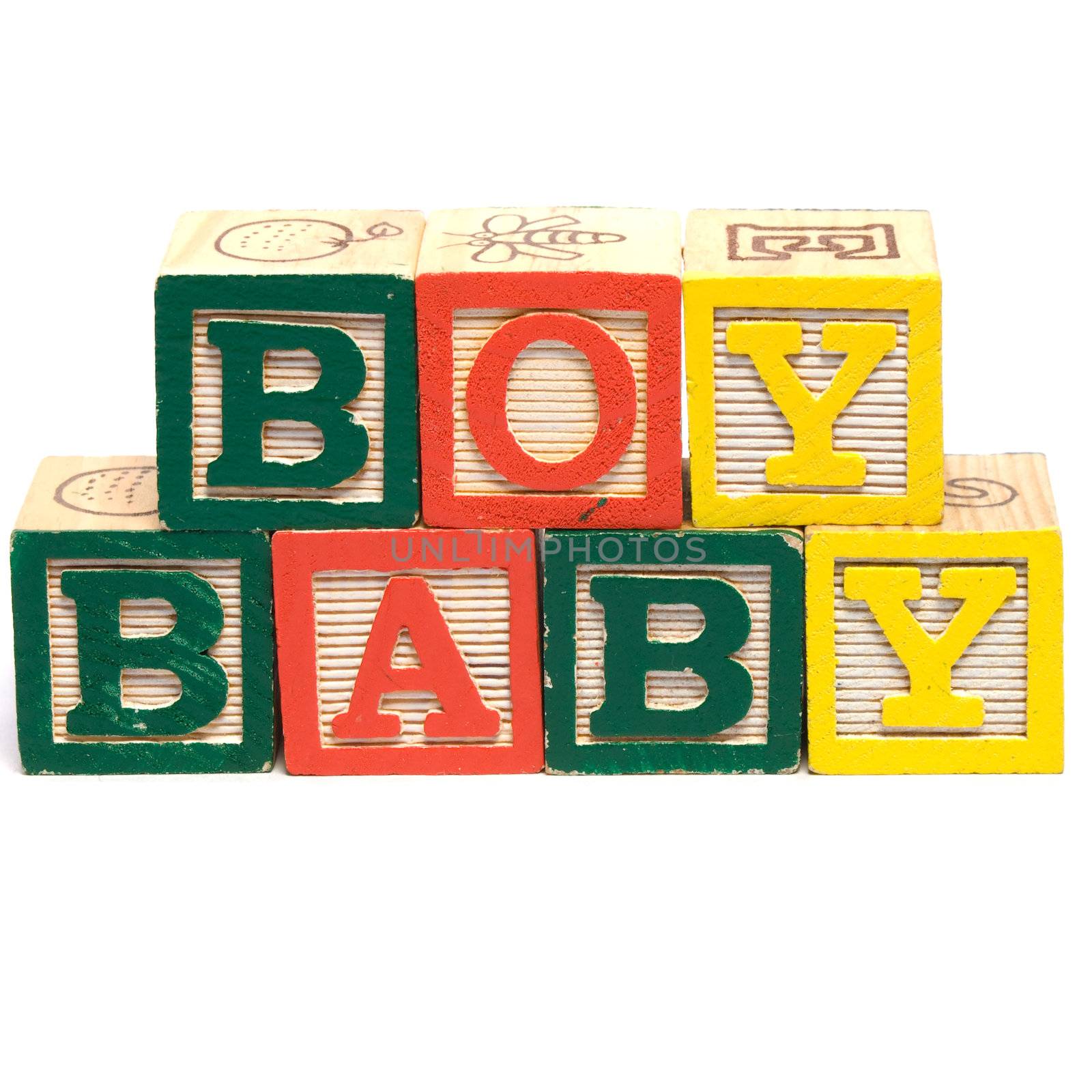 The words baby boy spelled in baby blocks, isolated against a white background