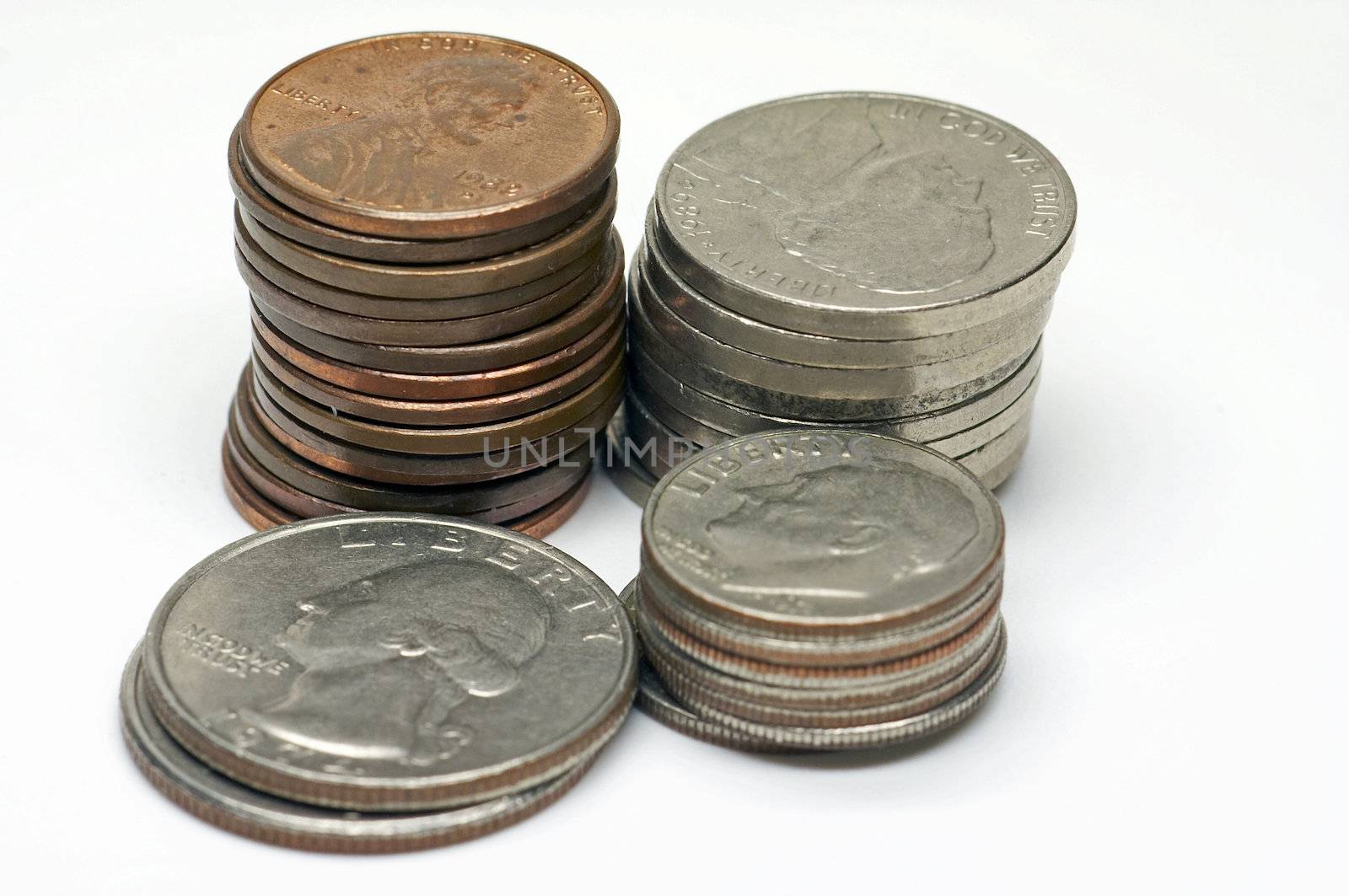 a lot of US cents, from penny to quarter