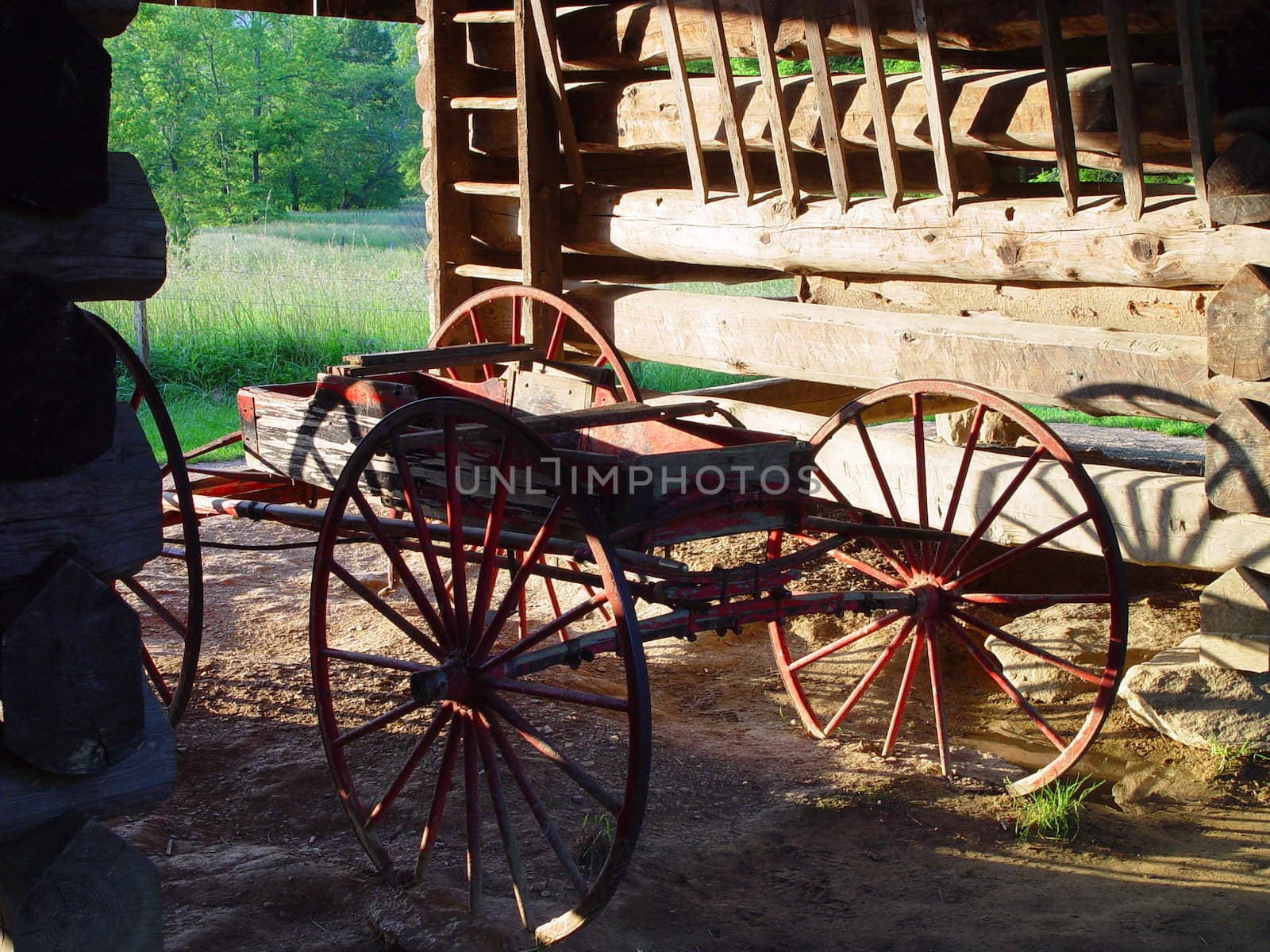 An old rustic wagon sitting in a barn in Tennessee.