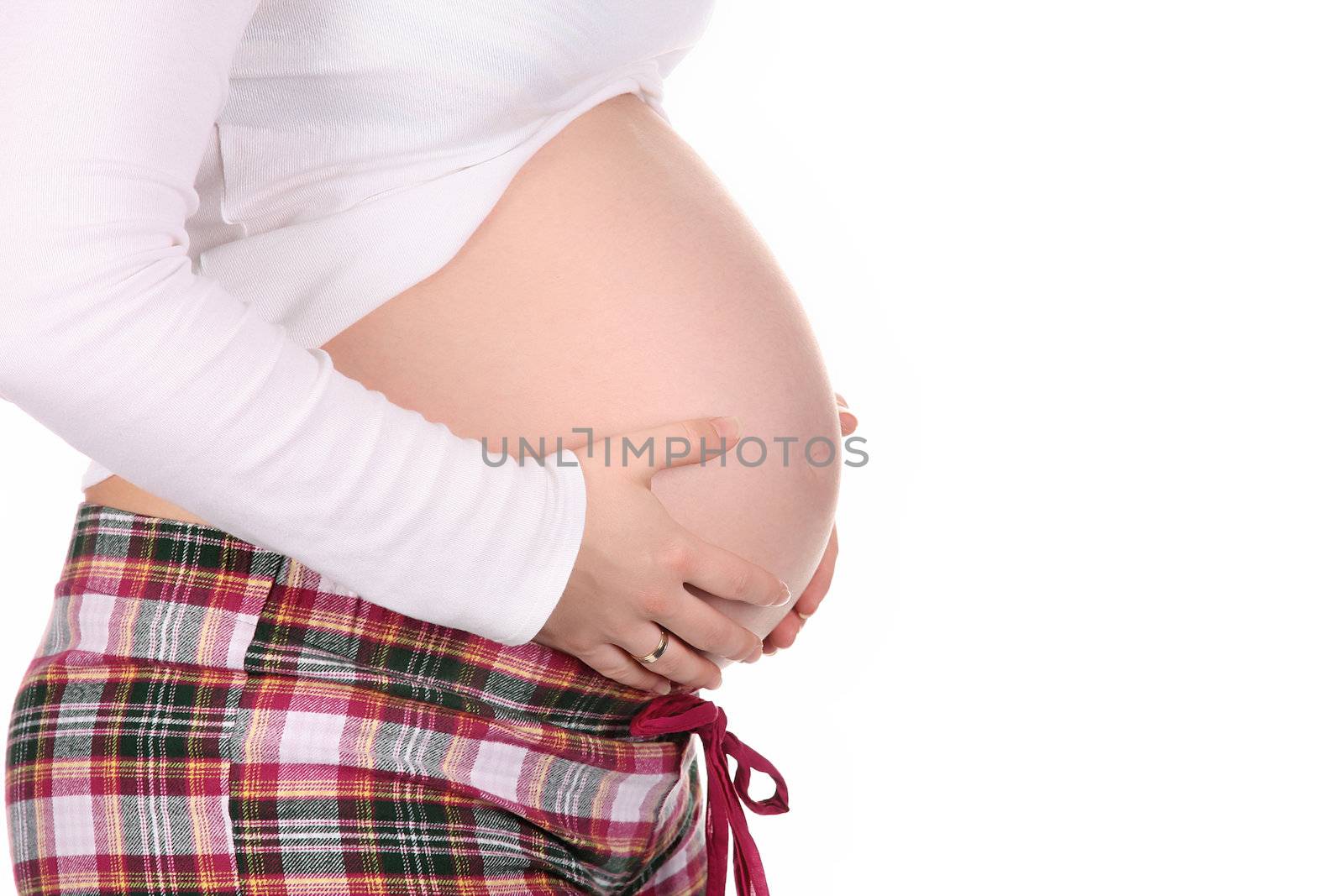 pregnant woman holding belly on white background