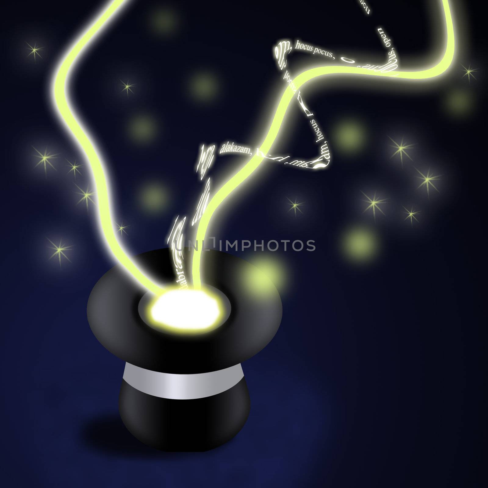 Illustration of a magic hat with magic word and glowing magic coming out of it