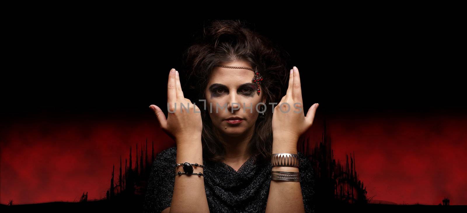 Portrait of witch over abstract futuristic background       