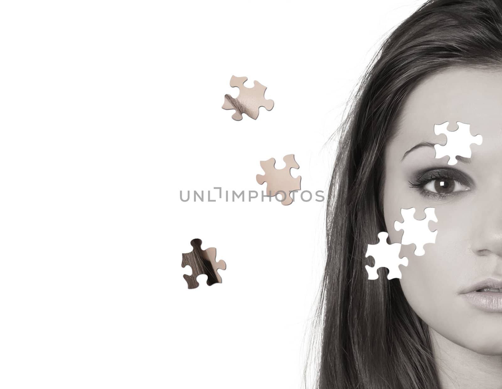 Attractive latino woman isolated on white  with a lot of copy-space puzzle   