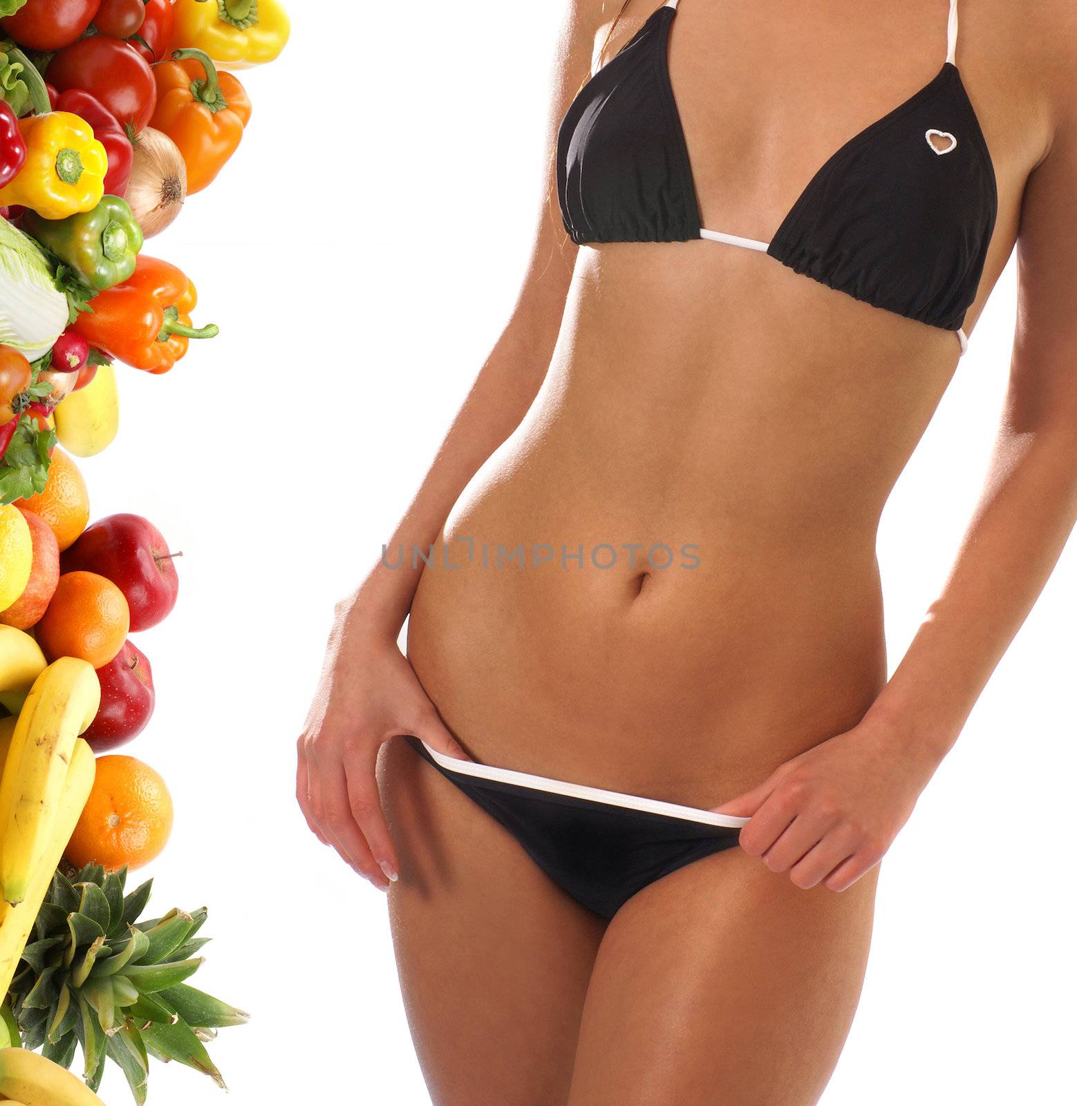 Sexy lady wearing swimsuit over dieting background             