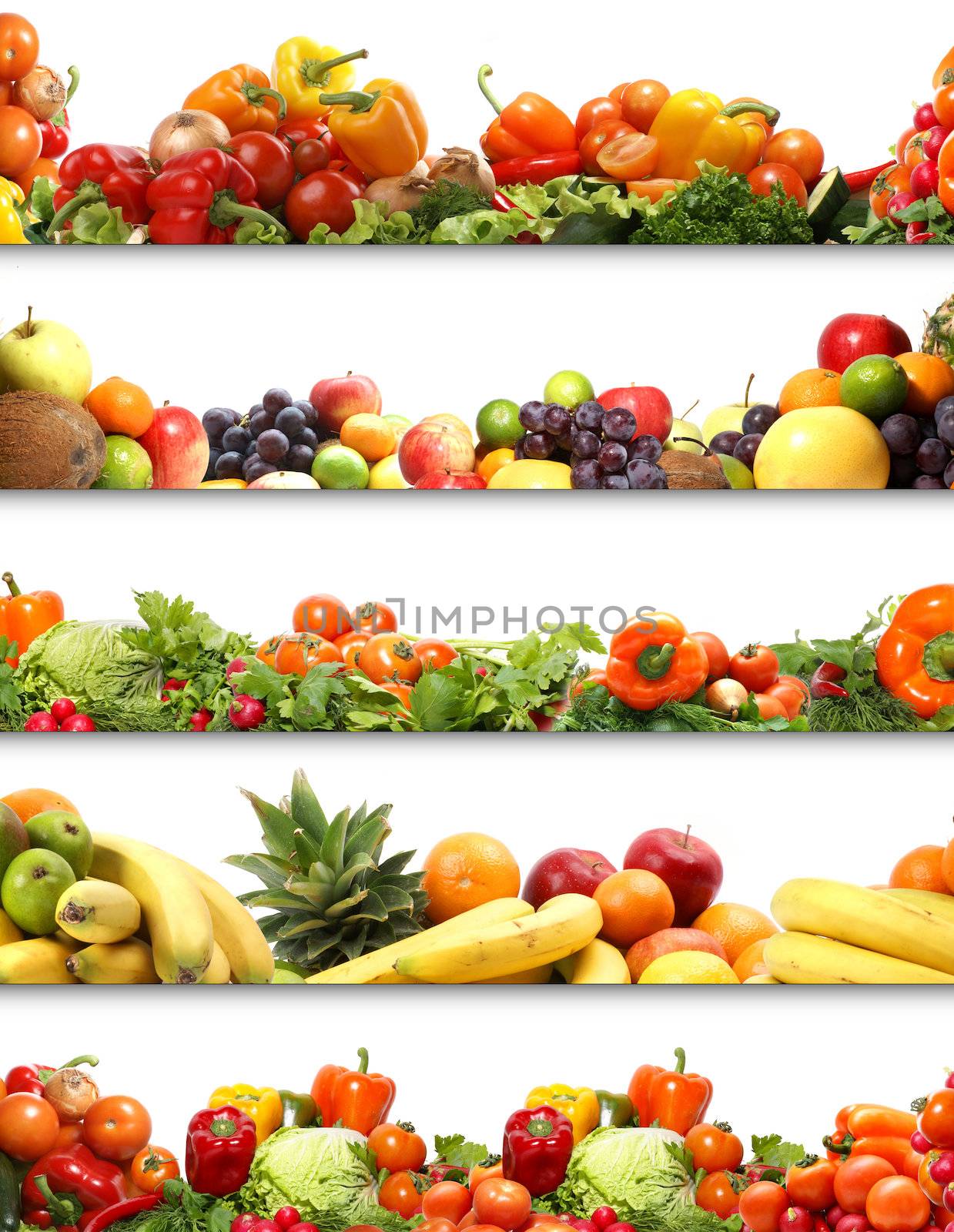 5 nutrition textures (fruits and vegetables isolated on white)