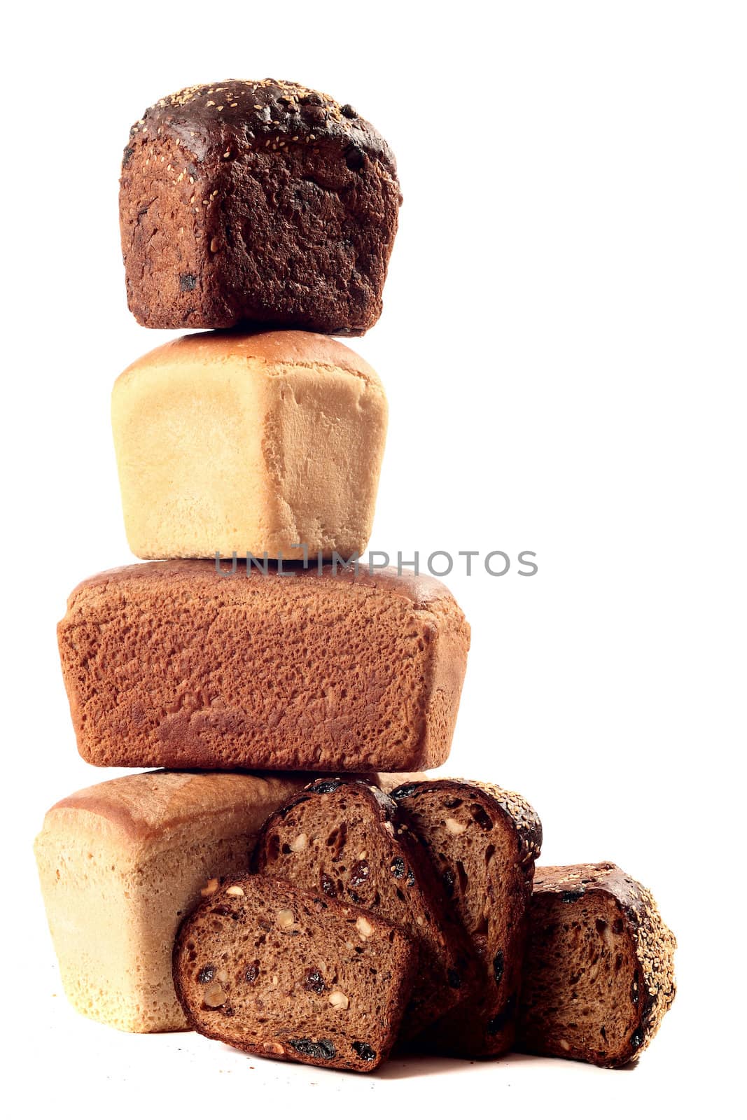 A lot of different bread on a white background
