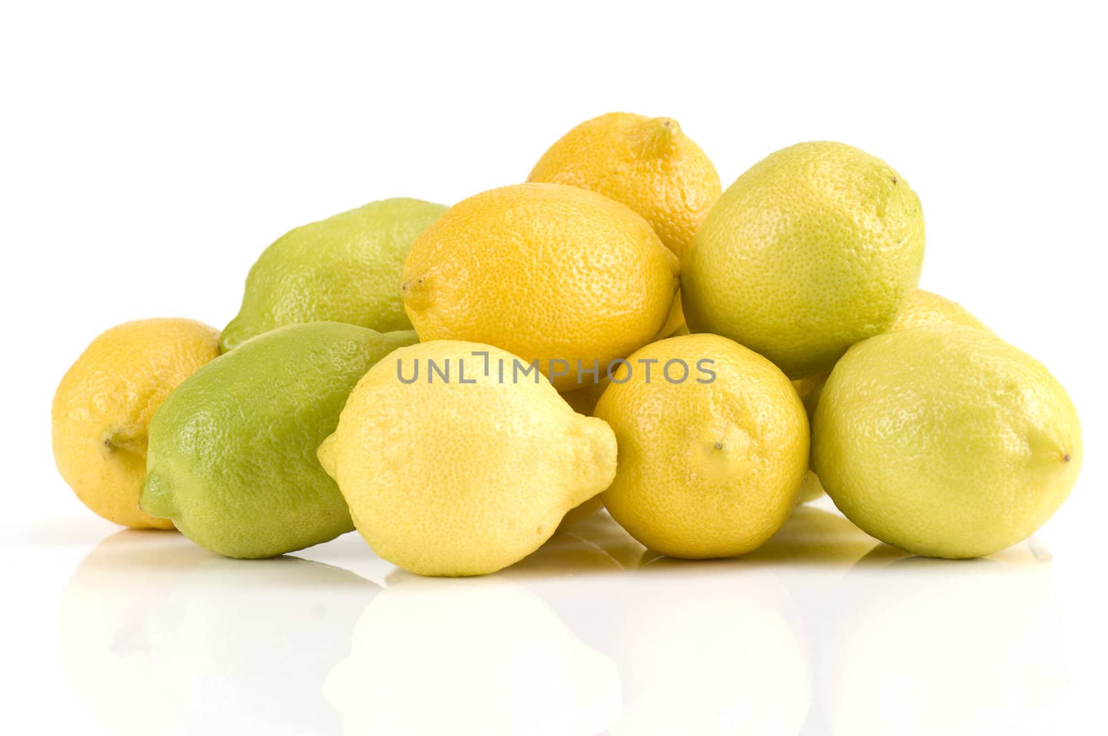 Pile of lemons on a white background