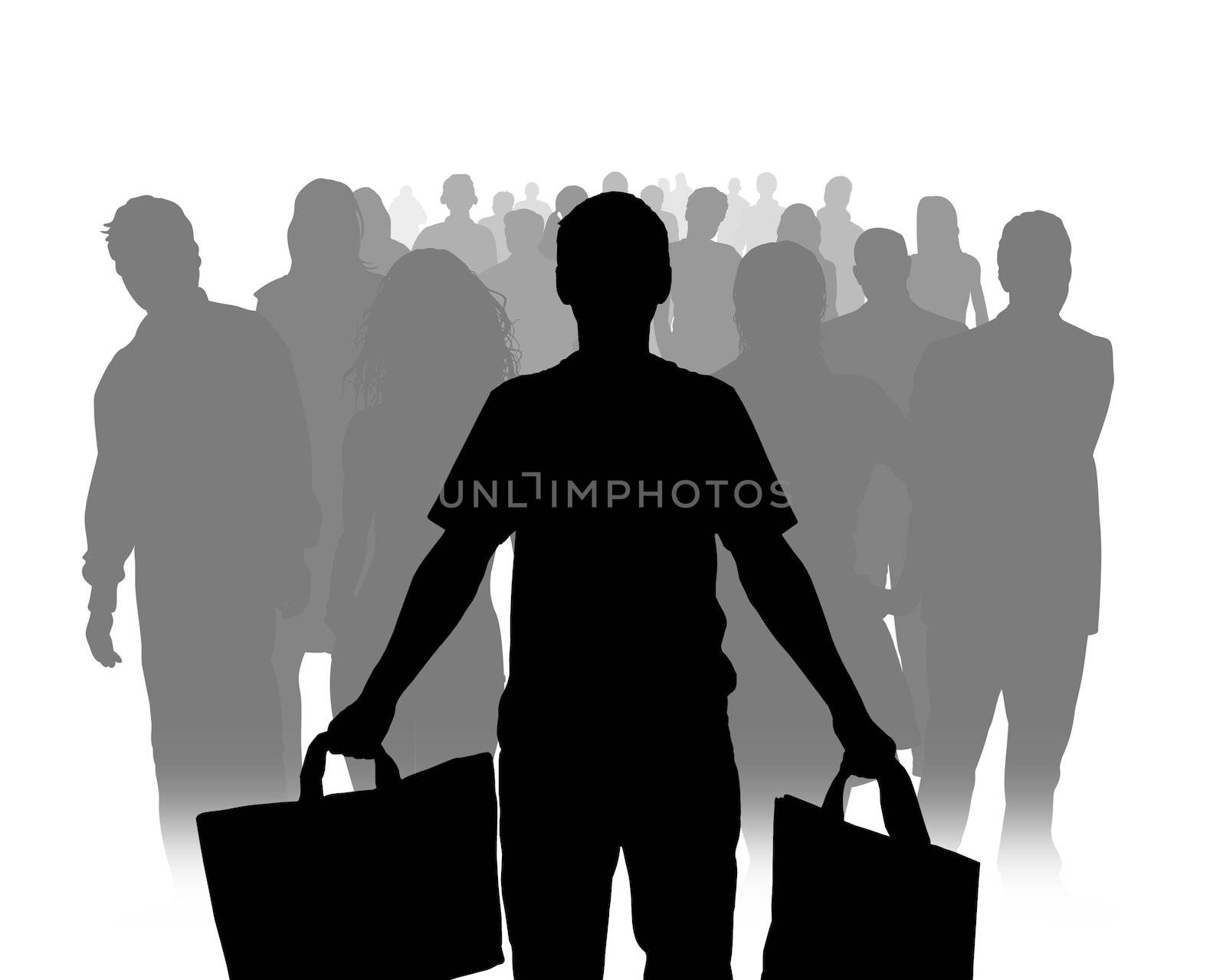 Illustration of a person standing at the front of a crowd, holding bags