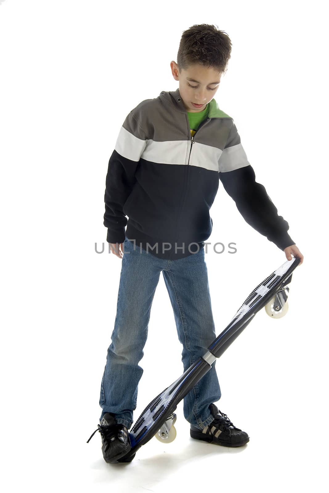 a boy with a waveboard on white