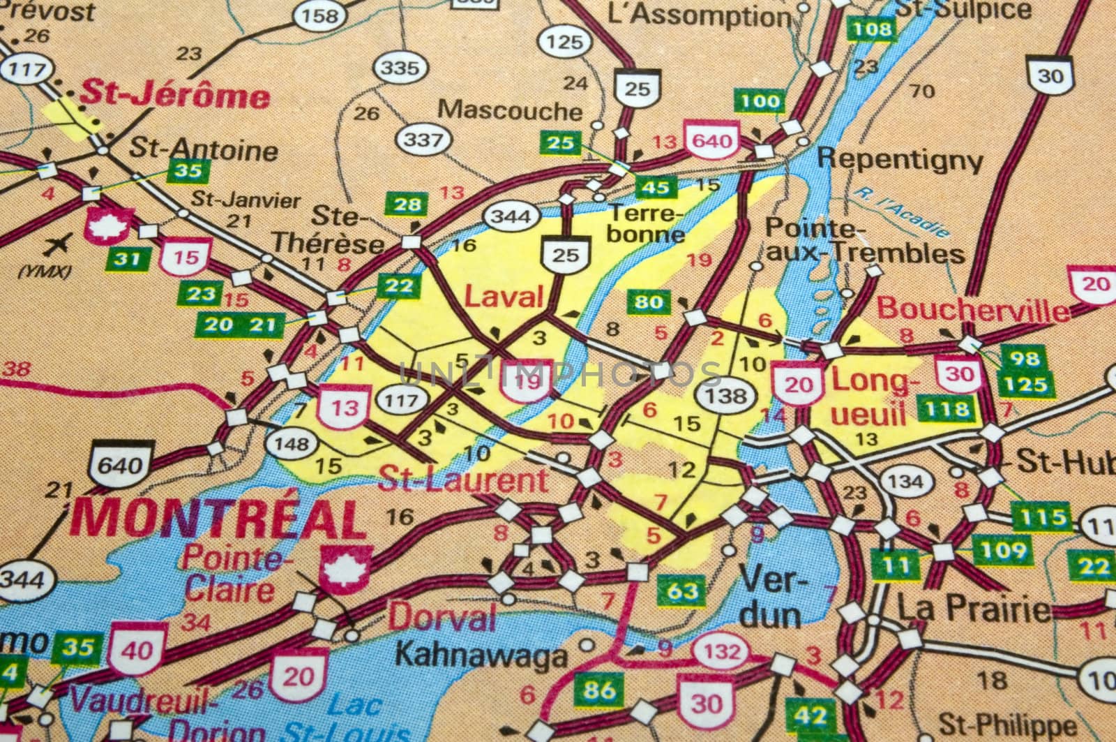 Road map of the Montreal City area, Quebec, Canada.