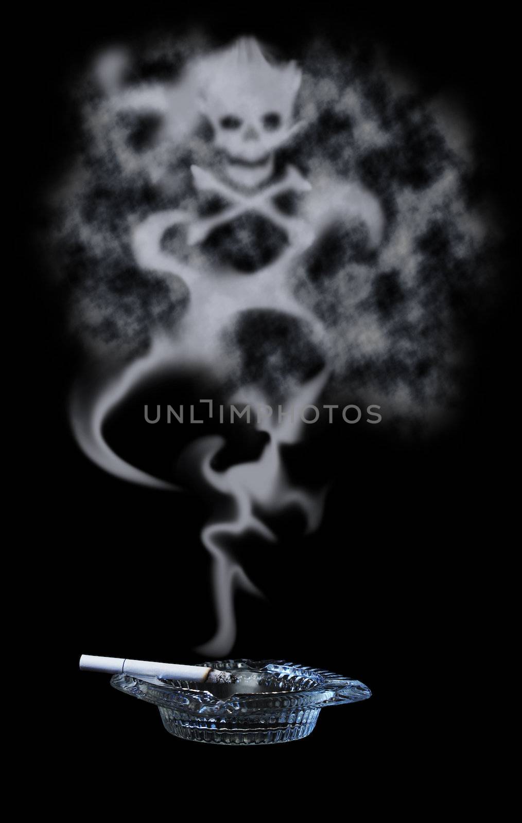 A lit cigarette resting in an ashtray with the poison symbol of the skull and crossbones forming in the smoke.
