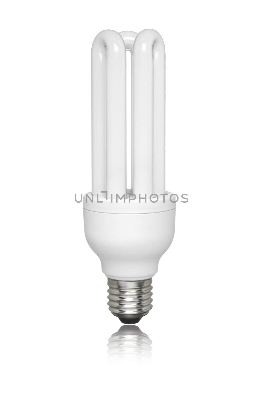 Compact fluorescent light bulb isolated over white background. Small reflection of the bottom.