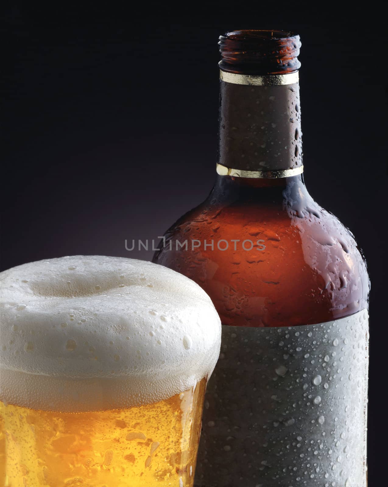 Brimming head of cold beer in a frosty glass with the bottle beside it.