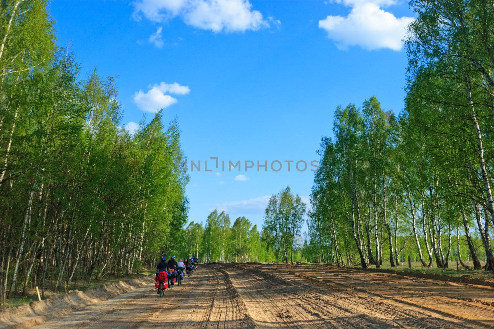 Group of Bicycle tourists on a dirt road